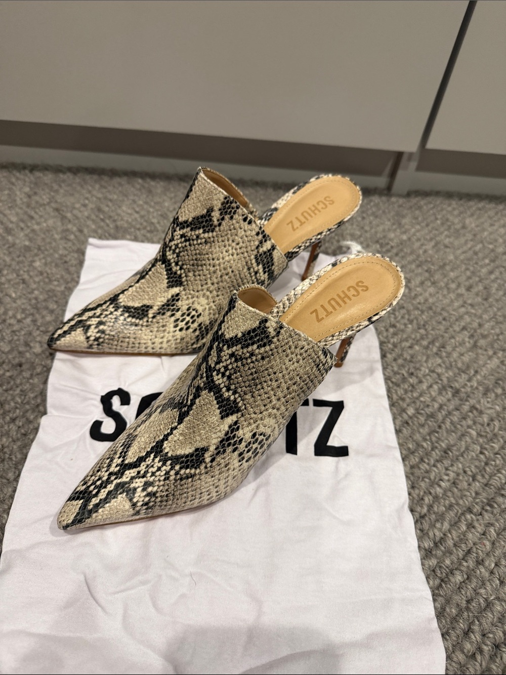 SCHUTZ Snake-Print Pointed Mule in Beige and Black